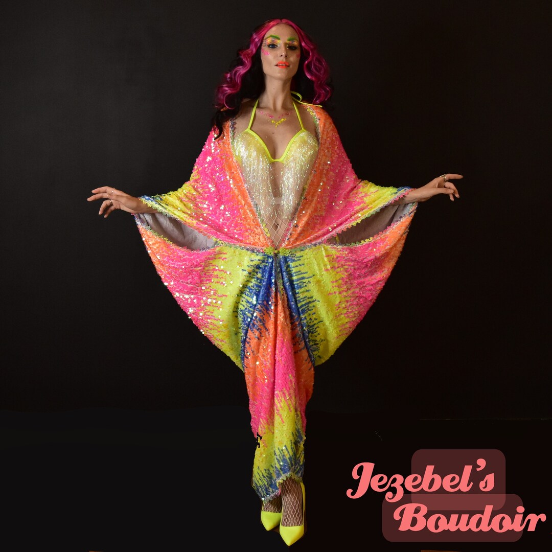 Neon Rainbow Festival Duster, UV Glow Sequin Kimono, Gown, Synthwave Concert Robe, Burlesque Flowing Rave, Dance Queen Reveal Black Light | MakerPlace by Michaels Neon Rainbow Festival Duster, UV Glow Sequin Kimono, Gown, Synthwave Concert Robe, Burlesque Flowing Rave, Dance Queen Reveal Black Light | MakerPlace by Michaels